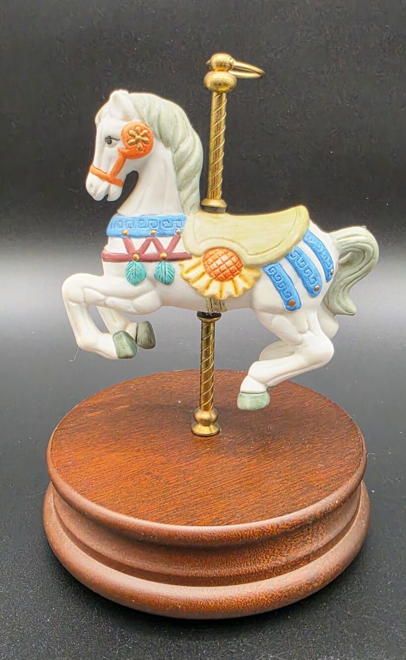 Vintage Taiwan Carousel Horse Music Box – Hand Painted Porcelain on Walnut Base
